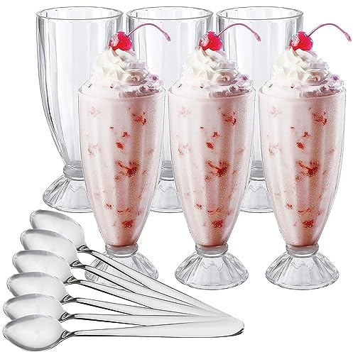 WUWEOT 6er Eisbecher Glas Set 350ml mit 6 Langen Löffeln Topkapi Gläser Milchshaker Glas Schmal Eiskaffeebecher Klassisches Brunnenglas Dessertgläser Meerzwerk für Eis Dessert Getränke Cocktails Party