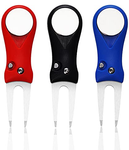LOVMEAD 3 Stück Golf Pitchgabel mit Golfball-Marker, Faltbare Edelstahl Golf Divot Tool Golf Divot Reparatur Werkzeug, Golf Training Zubehör für Golf Reparaturzubehör(Schwarz+Blau+Rot 3 Stück)