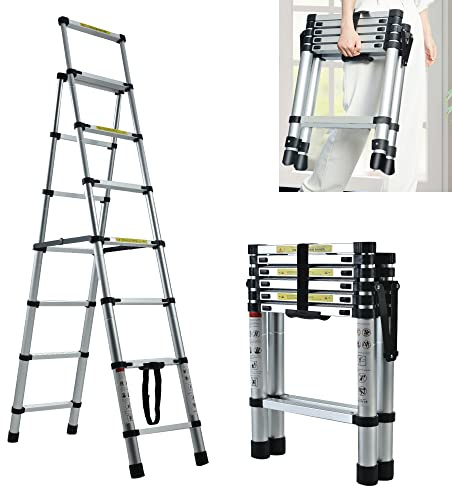 2m/2.3m Telescopic Ladder DIY Aluminum Alloy Folding Extendable, Adjustable Step,Lightweight Extension Ladder for Home Office Loft Use (6+7 steps)
