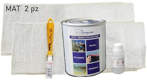 KIT VETRORESINA POLIESTERE 1,6 KG - RESINA POLIESTERE 1 KG IN LATTA + 2 MQ FIBRA LANA VETRO MAT 300 + CATALIZZATORE 20ml + PENNELLO