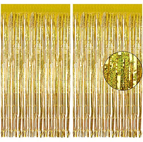 Metallic Tinsel Foil Fringe Curtains, 2Pcs 3.3ft x 8.2ft Gold Party Foil Decorations Streamers Party Backdrop Decorations for Baby Shower Birthday Bridal Shower Wedding Holiday Christmas