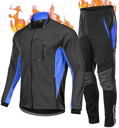 HOMTOL Herren Radjacke Set Winter Thermal Wasserdicht Winddicht Fahrradjacke Set Thermo Fleece Lange Radhose + Fahrradhose