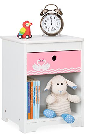 Relaxdays Nachttisch Kinder, Schwan-Design, Schublade & Staufach, Nachtschrank Kinderzimmer, HBT: 41x32x31cm, weiß/rosa