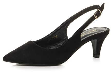 AJVANI dam damer låg mellanklack 50-tal slingback spänne spetsig domstol skor storlek, Svart mocka, 37 EU