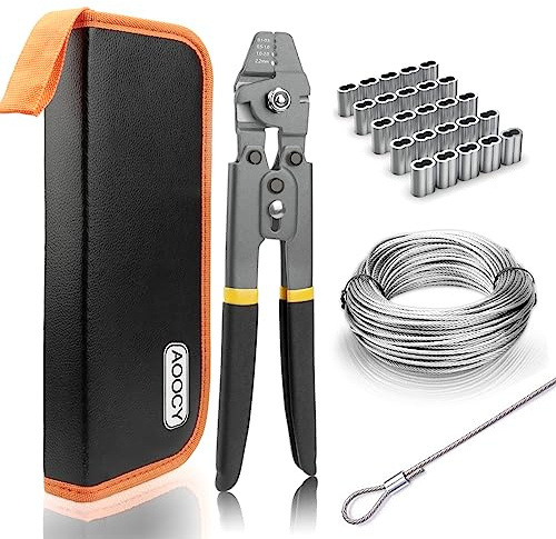 Wire Rope Crimping Tool Kit, Protable Carrying Pouch + 100FT Stainless Steel 304 Wire Cable, 100pcs Aluminum Sleeves Stops Complete Kit (1/16 (1.5mm))
