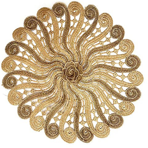 4 Stück Spitze Runde Gestickte Tischläufer,Handarbeit Geklöppelt Gold Spitze Tischläufer Untersetzer Häkeln Spitzendeckchen Platzdeckchen Tischdecke für Küche,Party,Hochzeit Tassen, Vasen 26-28cm