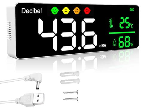 Digital Schallpegelmessgerät 30-130dB Dezibel Messgerät, Lärm/Temperatur/Hygrometer mit 11 Große LED Bildschirm, Wandbehang Rauschmessung Tester Sound Level Meter für Klassenzimmer, Büro, Fabrik