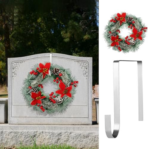 Yinkin Weihnachtskranz mit Grabkranzaufhänger, künstlicher Kranz mit Tannenzapfen, Beeren, Blumen, Grabstein-Kranz, Ständer, Grabstein-Kranzhalter für Weihnachten, Grab, Outdoor-Dekorationen
