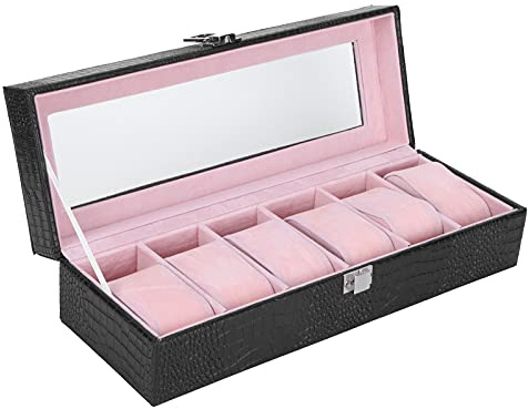 JYCRA Boîte de Montre à 6 Fentes, Présentoir de Montre-Bracelet en Cuir PU Noir, Organisateur avec Doublure Rose, Vitrine de Montres pour Hommes et Femmes