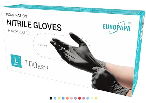 EUROPAPA® 100x Nitrilhandschuhe Box Einweghandschuhe, Einmalhandschuhe, Untersuchungshandschuhe, Nitril Handschuhe, puderfrei, ohne Latex, unsteril, latexfrei, disposible gloves (L, Schwarz)