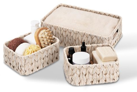 GRANNY SAYS Wicker Storage Baskets, Pack of 3 Wicker Baskets for Shelves, 1 Large Woven Storage Basket and 2 Small Decorative Boxes, Bathroom Counter Organisers, Toilet Basket for Tank Topper, Brown