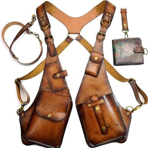 vokkrv Sac de harnais d'épaule Steampunk,harnais homme torse, Harnais antivol, Double portefeuille sac sous de taille étui antivol pour hommes femmes,portefeuille à sangle en cuir Pu réglable (Café)