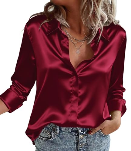 Zeagoo Blusa de Satén para Mujer Cuello en V Camisas Elegante Blusas S-XXL | Manga Larga Camisa con Botones | Blusa de Seda | Casual de Seda Top | Parte Superior Informal Sólida Suelta