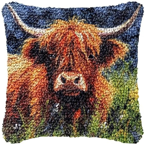 Scottish Highland Cow Square Latch Hook Kits Pillow DIY Cushion Making Crochet Hook Rug Making Kits Color Preprinted Pattern Canvas DIY Arylic Yarn Hooking Kits Set 17x17inch