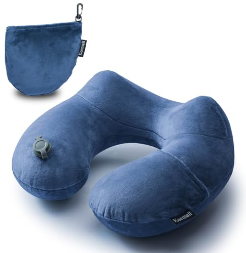 Keemall Inflatable Neck Pillow Airplane, Comfortable Inflatable Travel Neck Pillows for Airplanes Traveling on Plane, Soft Plush Cover Head Neck Rest Sleeping Long Flight for Car Train Office Home
