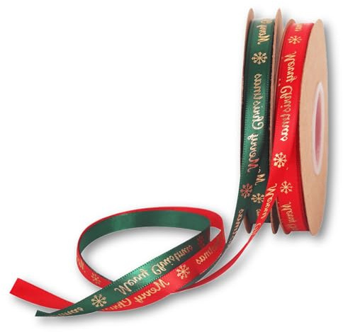Satin Ribbon for Gift Wrapping - 10mm Thick, 45M, 2 Rolls Red and Green, Polyester, Christmas Decoration