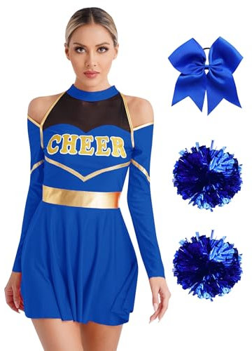 Yeahdor Damen Cheer Leader Kostüm Langarm Cheer Leaderin Kleid mit Pompoms + Stirnband Karneval Fasching Halloween Cosplay Verkleidung Blau XL