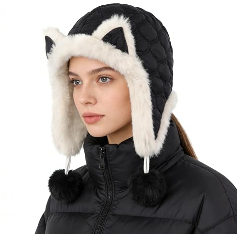 JIAHG Chapeau de Trappeur avec Oreilles de Renard pour Femme et Fille Chapka d'hiver à Pompons Doublure en Peluche Épais Chaud Cagoule avec Oreillettes Bonnet de Ski Neige Snowboard