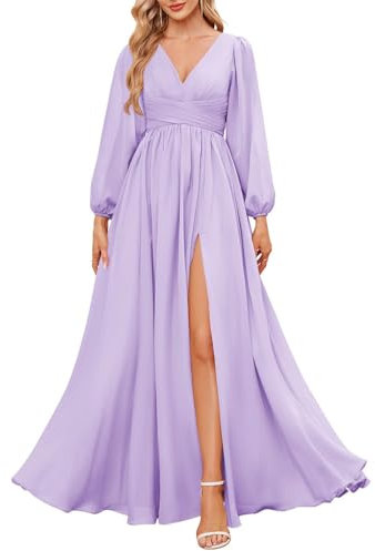 KURFACE Vestido de dama de honor de gasa para mujer, con abertura, plisado, cuello en V, manga larga, vestido formal de noche, Lila, 48 Grande