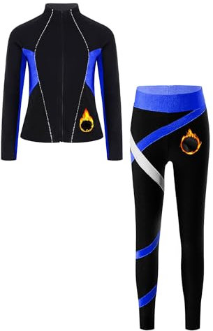 inhzoy Mädchen Eiskunstlauf Anzug Thermo Langarmjacke Und Thermo Leggings Mit Fleece Kinder Sport Set Workout Yoga Outfit Blau 134-140