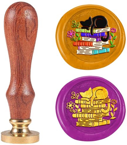 DELORIGIN Siegelstempel Aus Wachs Mit Buch Und Katzenmotiv 25mm Vintage Siegelstempel Personalisiert Abnehmbarer Siegelstempel Mit Messingkopf Und Holzgriff Für Umschläge Grußkarten Hochzeit