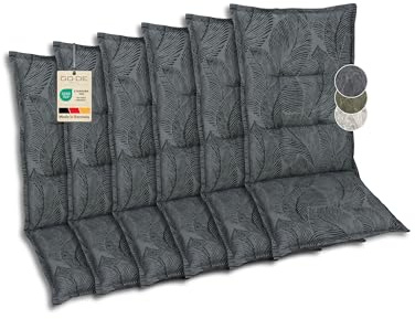 GO-DE Textil Bequeme und attraktive Polsterauflagen für Mittellehner-Gartenstühle (6er-Set, Blattmotiv groß anthrazit, Mittellehner)