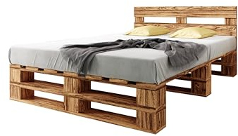 Lermowood Palettenbett M2 aus Holz 140 x 200 cm Geflammt mit Kopfteil Holzbett 40cm Stabiles Seniorenbett Kinderbett Jugendbett Gästebett erhöhtes Einzelbett Bettgestell Futon Komforthöhe Naturholz