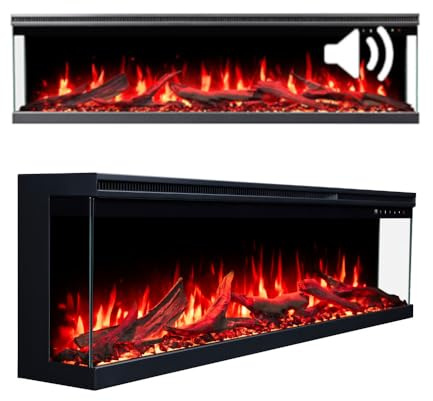 Cheminée Électrique LED Unique Pro 140 Encastrable/Murale, avec Audio, avec Effets de Flammes Réalistes, Son Intégré, Compatible Alexa, Noir + Fonction de Chauffage (140x39x20) AFLAMO