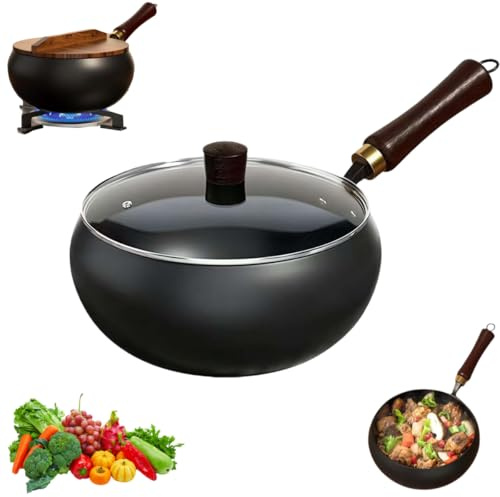 Nonstick Wok Chinese Wok Flat Bottom Gas Induction Cooker, No Coating Boiling Stir Fry Pan Wood Handle Chinese Wok Frying Pan for Restaurant Camping Hotel Home (Glass Lid 26cm)
