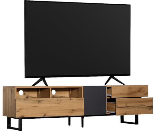NordicLume TV Sideboard 180 cm – Modernes Holz- & Metall-Design, Eiche & Anthrazit, Push-Open, Viel Stauraum, Offene und Geschlossene Fächer,Schwarz + Grau