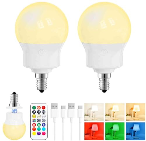 Ampoule LED Rechargeable avec Télécommande, Ampoule Sans Fil Magnétique E14 Dimmable 480LM, 3 Températures de Couleur + 9 Couleurs RGB, 3 Timer, pour Lampes Murales, Camping & Urgence, Lot de 2