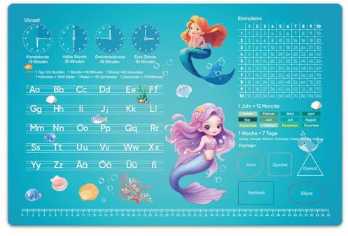 Schreibtischunterlage Kinder 60x40 cm Abwischbar - Personalisierte Lernunterlage für Mädchen mit Alphabet, Einmaleins & Uhrzeit | Rutschfeste Tischunterlage aus Leder für Schule & Büro