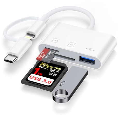 kigpozi SD Card Reader for iPhone iPad Camera, 3-in-2 Memory Card Adapter | 3-in-2 Lightning & USB C SD Card Reader, Camera Memory Card Adapter for iPhone 17/16/15/14/13 Samsung iPad Android Camera
