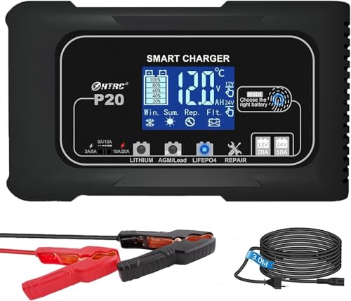iSunergy Battery Charger, Smart 0-20A 12V/24V Trickle Charger, Portable Car Battery Charger with 9 Stages of Charging for LiFePO4, Lead-Acid, and Lithium Batteries, with Battery Repair Function