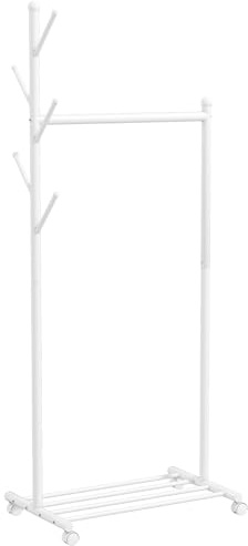 HOMCOM Burro Ropa con Ruedas, Perchero Burro Ropa con 5 Ganchos Barra para Colgar y Balda Inferior Perchero para Recibidor, Entrada, Dormitorio, 68x43x171 cm, Blanco