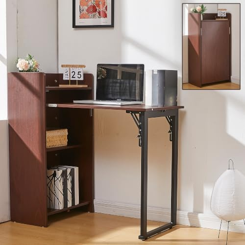 Schreibtisch Klappbar Wand – Wandklapptisch Klappschreibtisch platzsparend mit Regal & 3 Schubladen, Stauraum und integrierter Steckdose – Klappbarer Computertisch für Kleine Räume, 94 × 85 × 24 cm