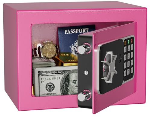 KABISAFE Digitaler Safe 6,8 l, kleiner Tresor für Zuhause, elektronische Sicherheitskassette, Wandtresor fürs Homeoffice mit 2 Schlüsseln, Mini-Safe 23 x 17 x 17 cm, rosa