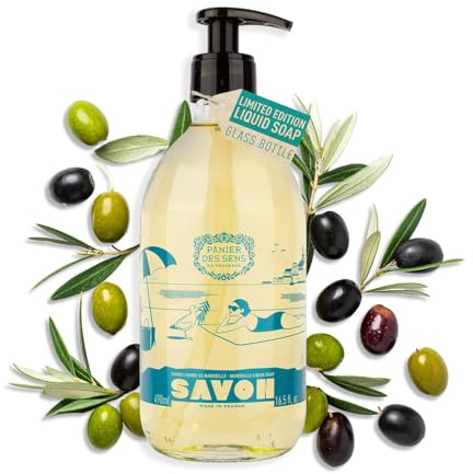 Marseille Liquid Soap Olive 490ml - Refillable Glass - Panier des Sens | Refillable glass bottle, 98% natural origin, sulphate-free Marseille liquid soap with clean olive linen scent.