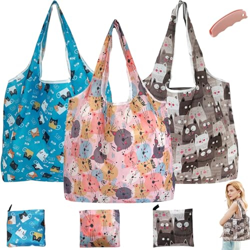 ZenyTra 3er Set faltbare Einkaufstaschen (60x46 cm) mit Tragegriff - Wasserdichte & Leichte Nylon Shopper, Große wiederverwendbare Tragetasche für Supermarkt, Strand und Reise