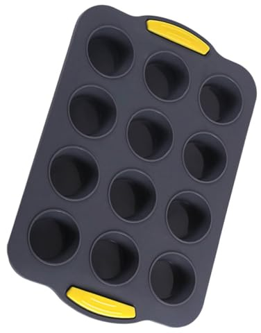 UKCOCO Teglia per Muffin in Silicone da 12 Tazze Manici Gialli, Stampo per Cupcake Riutilizzabile, Antiaderente e Resistente, per Cottura Domestica di Dolci e Prodotti da Forno