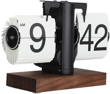 Ejoyous Flip Desk Clock, Retro Mechanical Style Digital Time Display for Home Office 304 Stainless Steel PVC Black Walnut Base Black Frame White Page