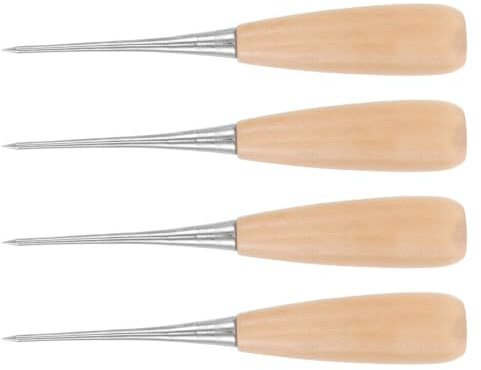 DEARMAMY Punteruolo da Cucito in Pelle Manico in Legno a Forma di Zucca, Set 4 Pezzi Strumenti Artigianali per Perforare Tessuti, Pelle e Carta, Attrezzi per Lavori Fai da Te e Creazione