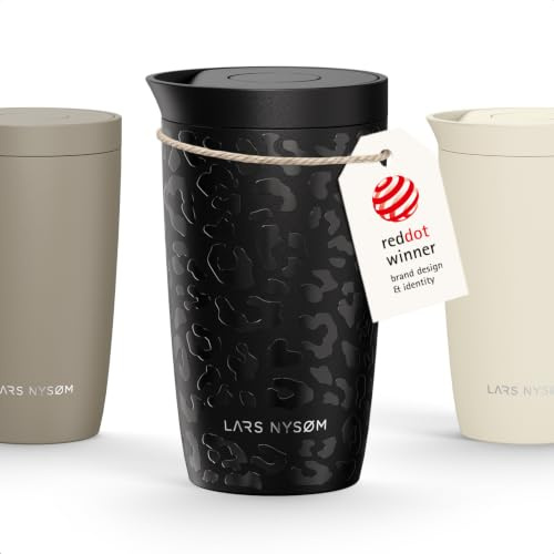 LARS NYSØM Termosmugg för Kaffe To Go 350 ml | Travel Mug med Isolering | Quick-Press Lock | Läckagesäker Termosmugg i Rostfritt Stål för Kaffe och Te (Black/Leopard/Black, 350ml)
