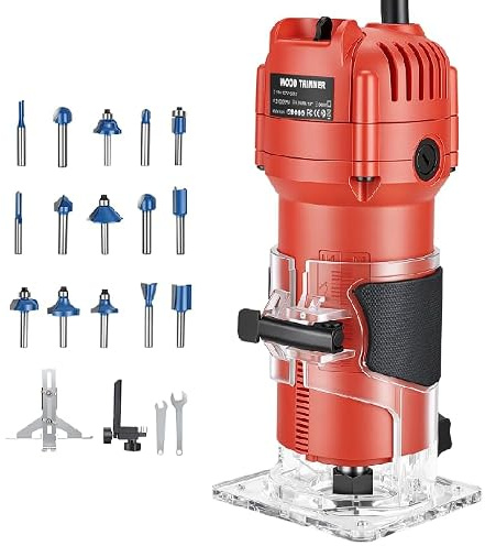 Fresadora de Madera Rebajadora Eléctrica 800W 30000RPM, Fresadora de Mano con Juego de 15 Fresas de 1/4 (6,35mm) y Base Transparente, Herramienta de Carpintería para Bricolaje, Talla y Recorte