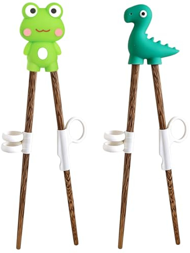 CENCERY 2 Paia Bacchette per Bambini in Legno 18cm con Supporto a 3 Anelli, Aiuto Apprendimento per Principianti 1-8 Anni, Senza BPA (Rana/Dinosauro)
