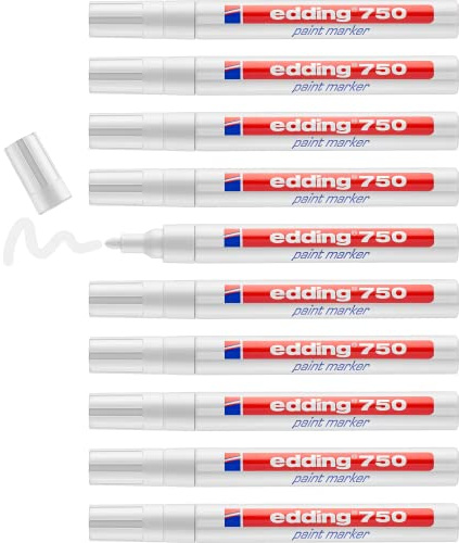 edding 750 marcadores de tinta opaca - blanco - 10 rotuladores - punta redonda 2-4 mm - para metal, vidrio, piedras o plástico - resistente al calor, permanente, no mancha, impermeable