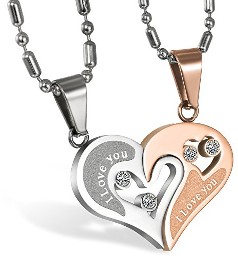 JewelryWe Schmuck 2PCS Paare Halskette Partnerketten Freundschaftsketten Partneranhänger Edelstahl I Love You Herz Puzzle Anhänger Kette mit kostenlos Gravur