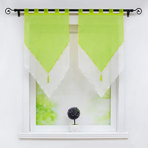 Joyswahl Scheibengardine Voile Panneaux 60x90cm Lydia 60x90cm Grün/Weiß | Bistrogardinen mit Quaste,Landhausstil,Zweifarbig,Doppelschicht Kurzstore,Mit Schlaufen,2 Stück,Küchengardinen modern