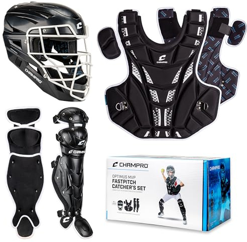 Champro Fastpitch Softball Catcher's Set - Headgear, Chest Protector, Leg Guards, Black, Ages 6-9 (CBSF8)