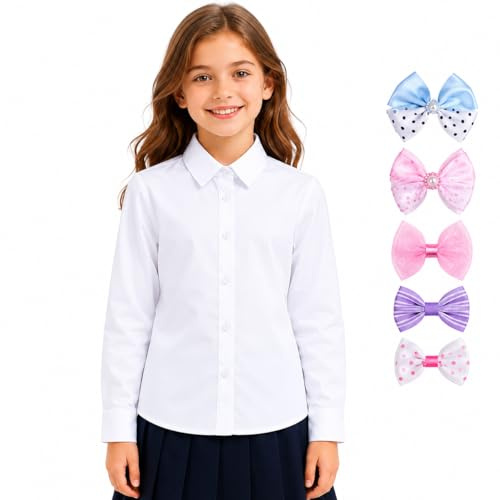 Bienzoe Ragazze Manica Lunga Oxford Camicia Cravatta a Farfalla Pacco Bianca L